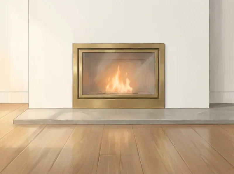 Clubhouse brass-framed fireplace detail