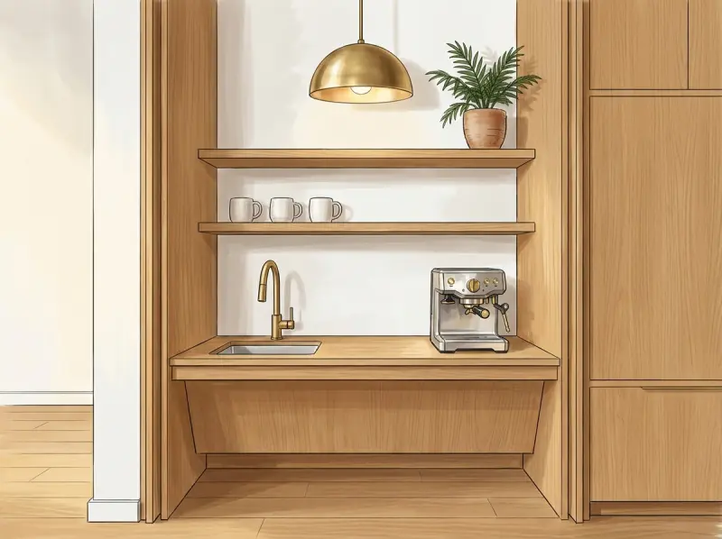 Clubhouse kitchenette nook with brass fixtures