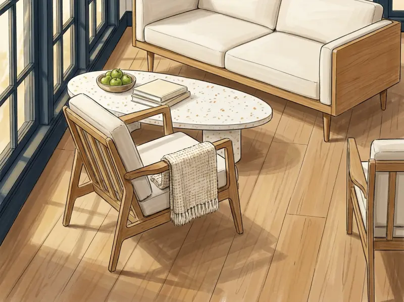 Clubhouse lounge seating and terrazzo coffee table