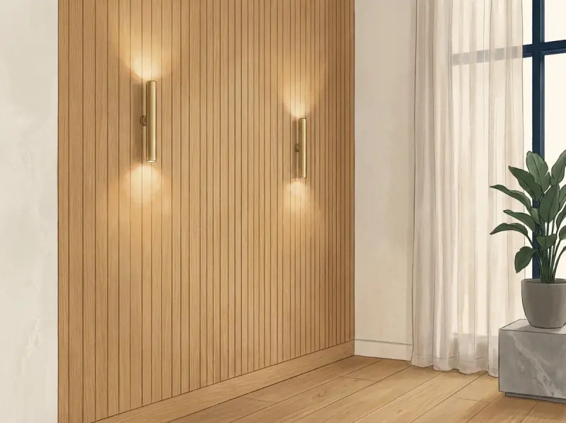 Lobby oak feature wall with brass sconces