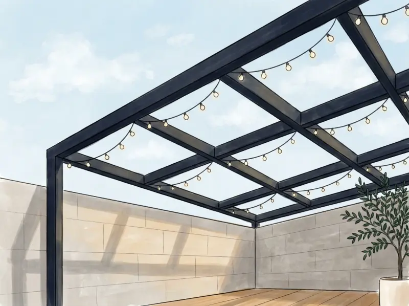 Rooftop pergola with string lights detail