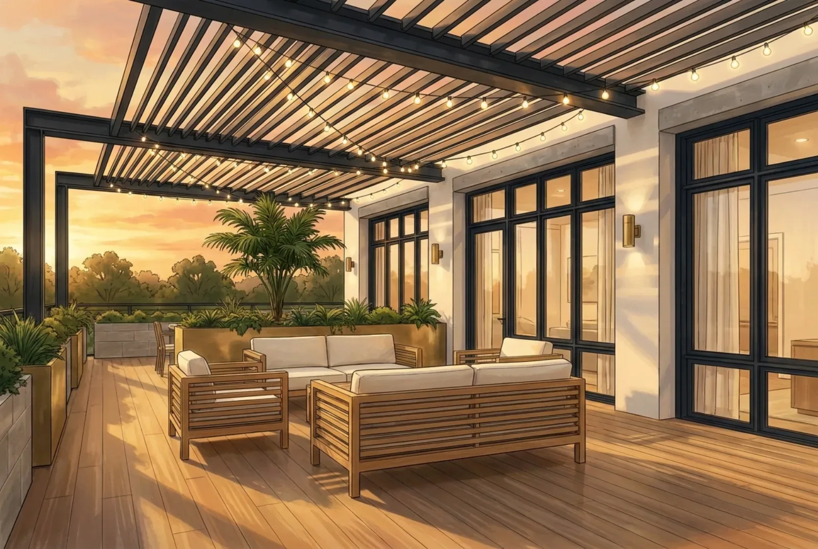 Packard Row rooftop terrace with pergola, planter beds, and lounge seating on a warm afternoon