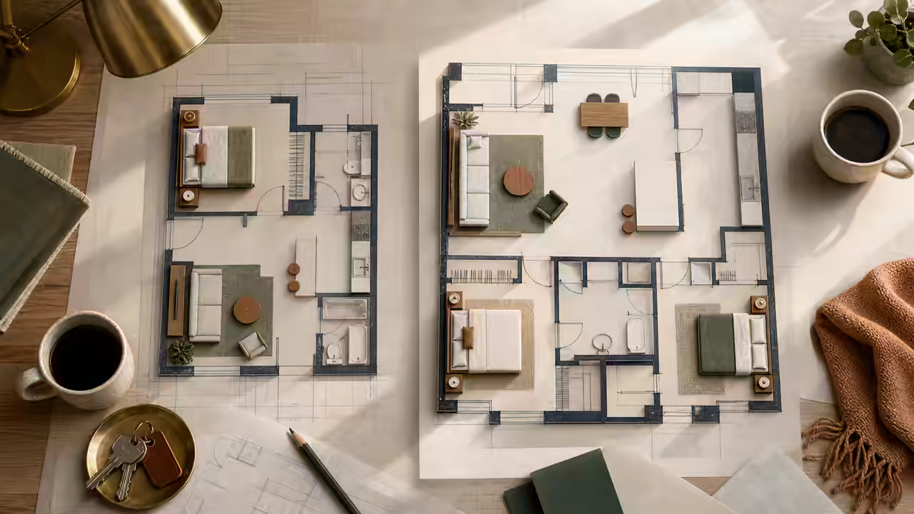 Top-down architectural collage comparing compact and larger apartment floor plan layouts with furniture and daily living objects.