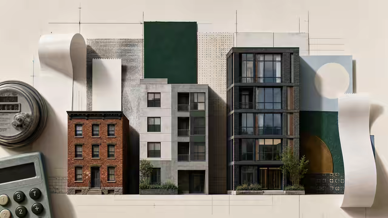 Mixed-media rent-cost collage with older and newer apartment building blocks, utility meter, calculator, and paper receipt shapes.