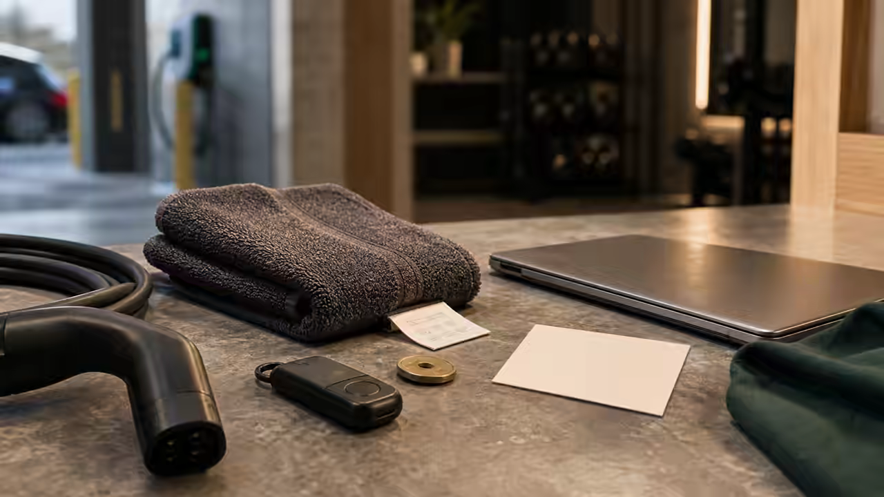 Editorial still life of an EV charging connector, key fob, gym towel, laptop, and resident amenity objects on a stone counter.