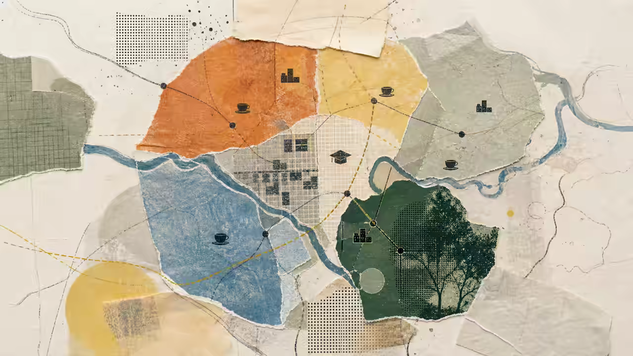 Risograph-style Ann Arbor map collage with colored neighborhood zones, route lines, and small work and coffee symbols.