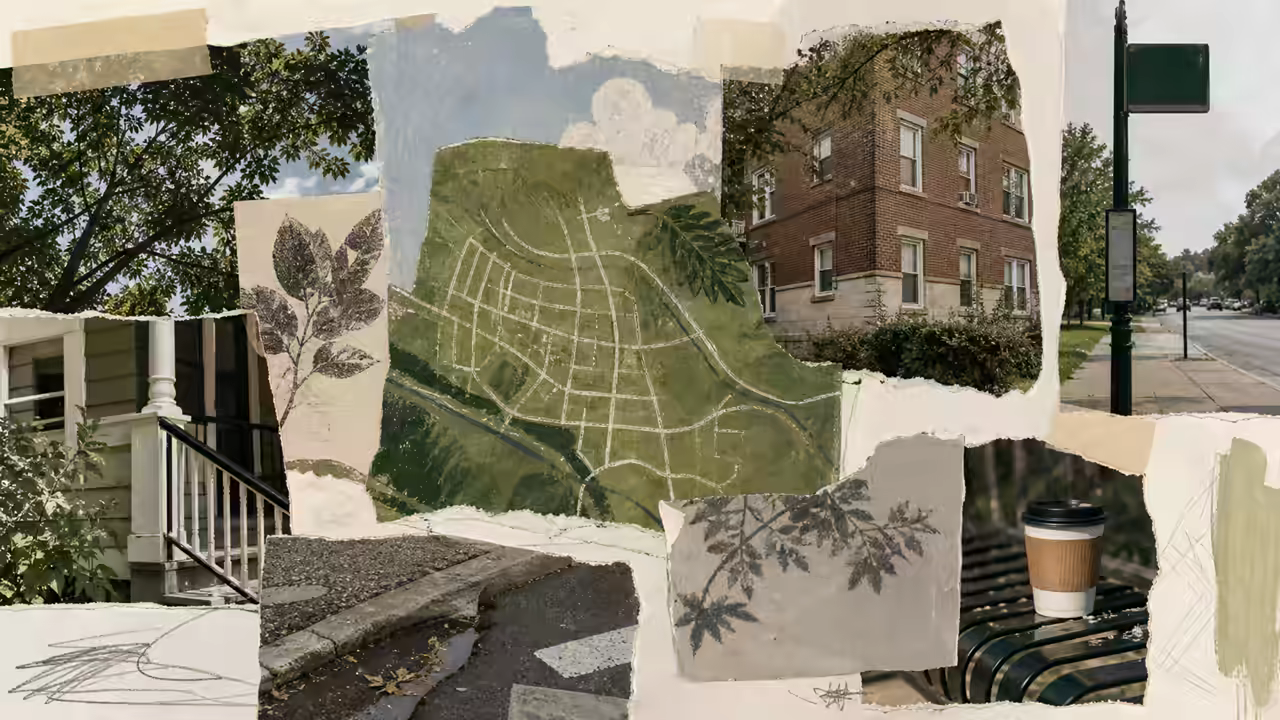 Field-notes collage of Bryant-Pattengill East with tree canopy, brick buildings, sidewalk details, a bus stop, and a coffee cup.