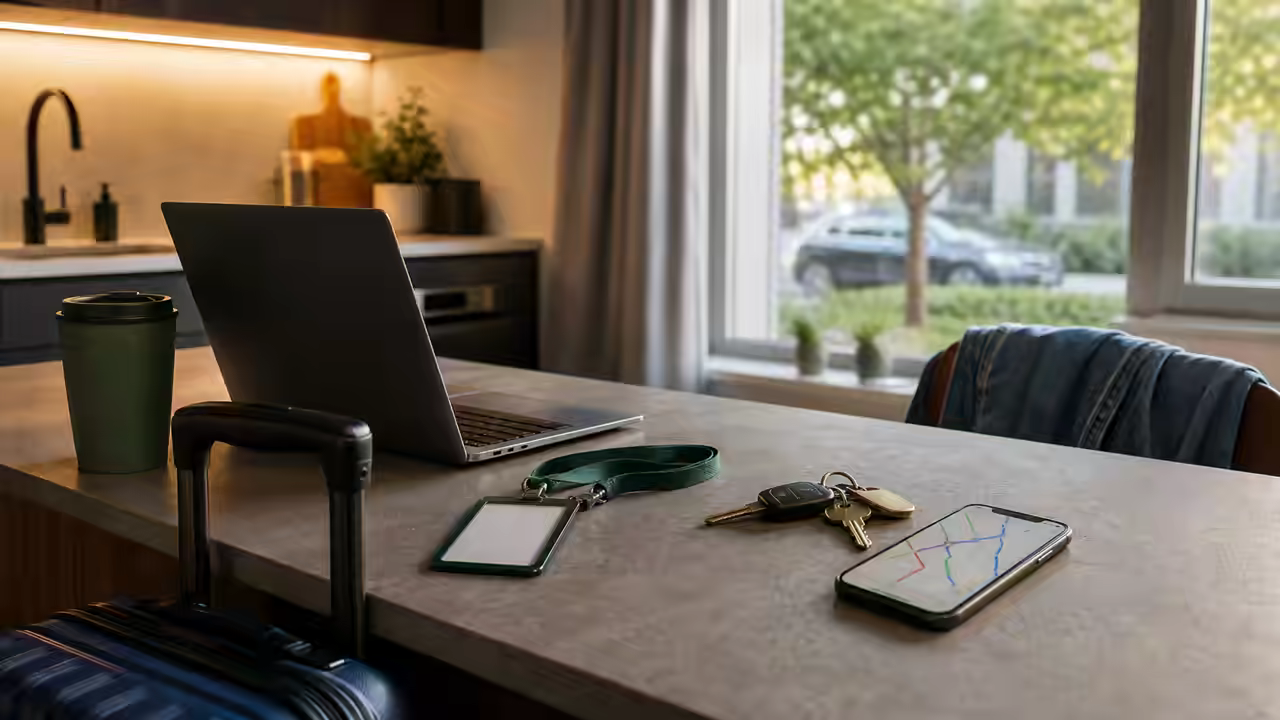 Apartment kitchen counter scene with laptop, suitcase handle, badge lanyard, keys, coffee cup, and phone route map.