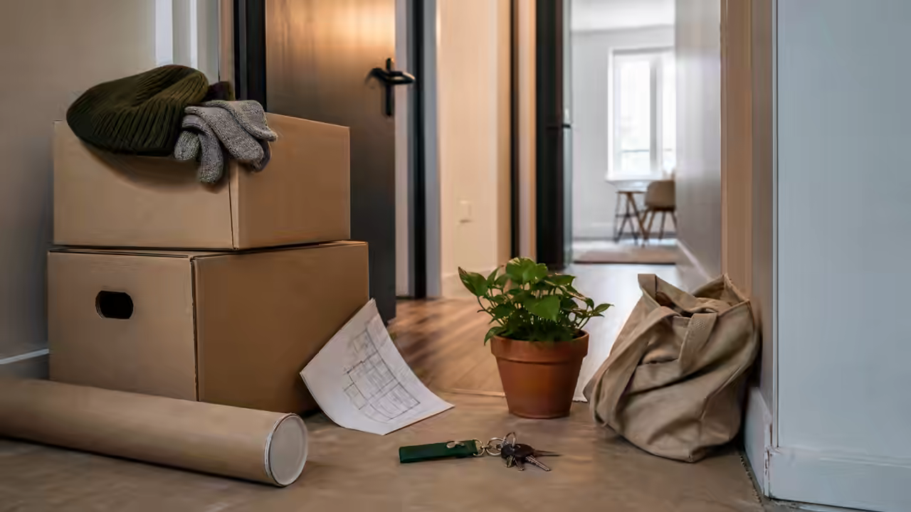 Moving-day apartment entryway with cardboard boxes, keys, potted plant, gloves, tote bag, and a folded floor plan.