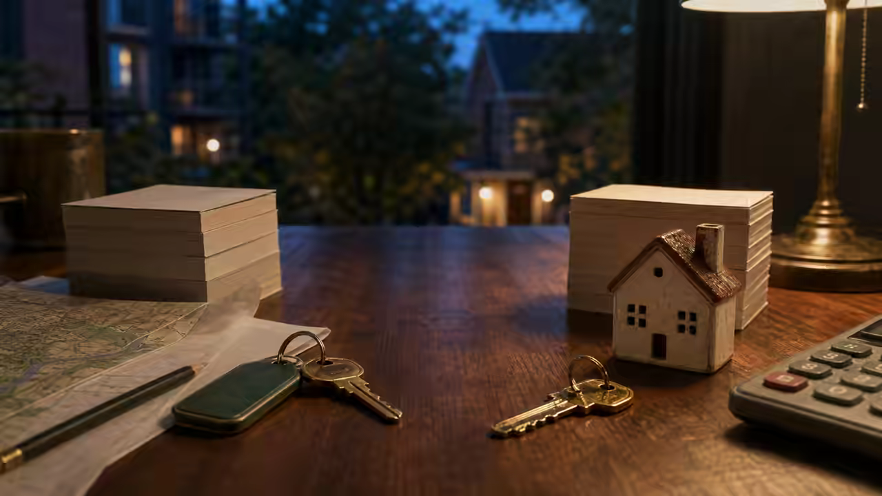 Dusk tabletop still life with apartment keys, a house key, calculator, blank paper stacks, and an Ann Arbor map.
