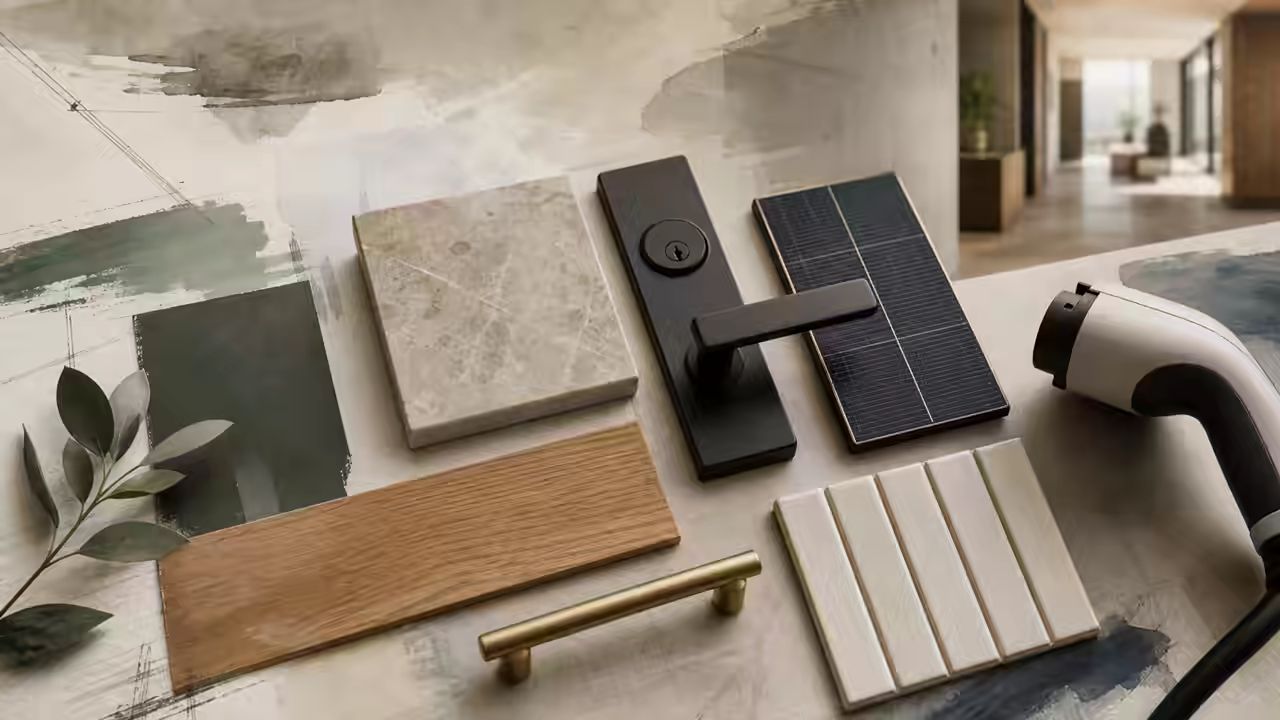 Architectural material board with smart lock hardware, stone, oak, brass, tile, solar panel, and EV charger details.