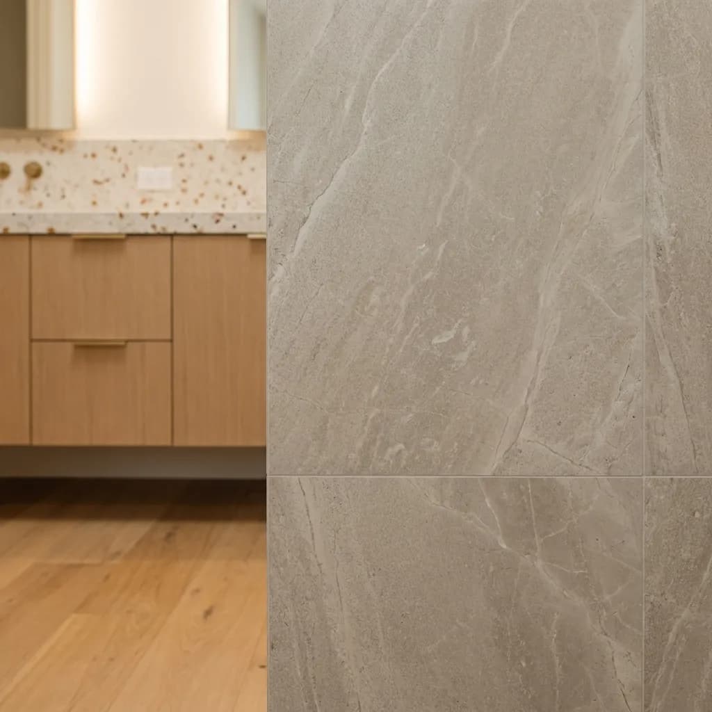 Bath tile: Honed stone, large format