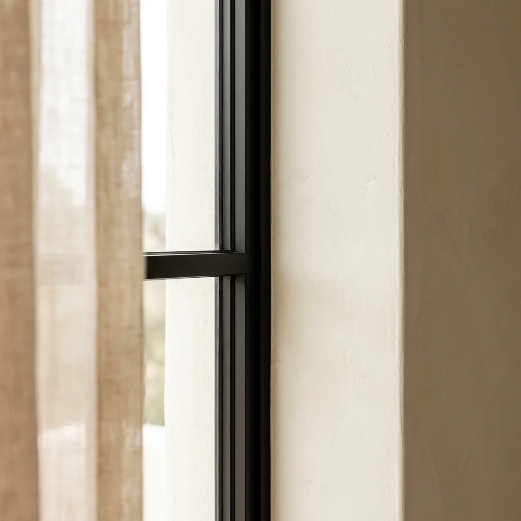 Window: Black-framed, full-height