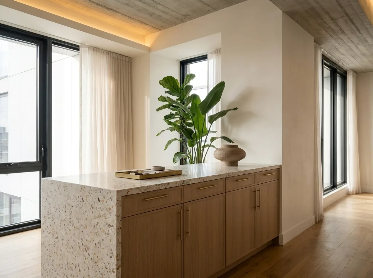 Pine entry console and oak surface detail