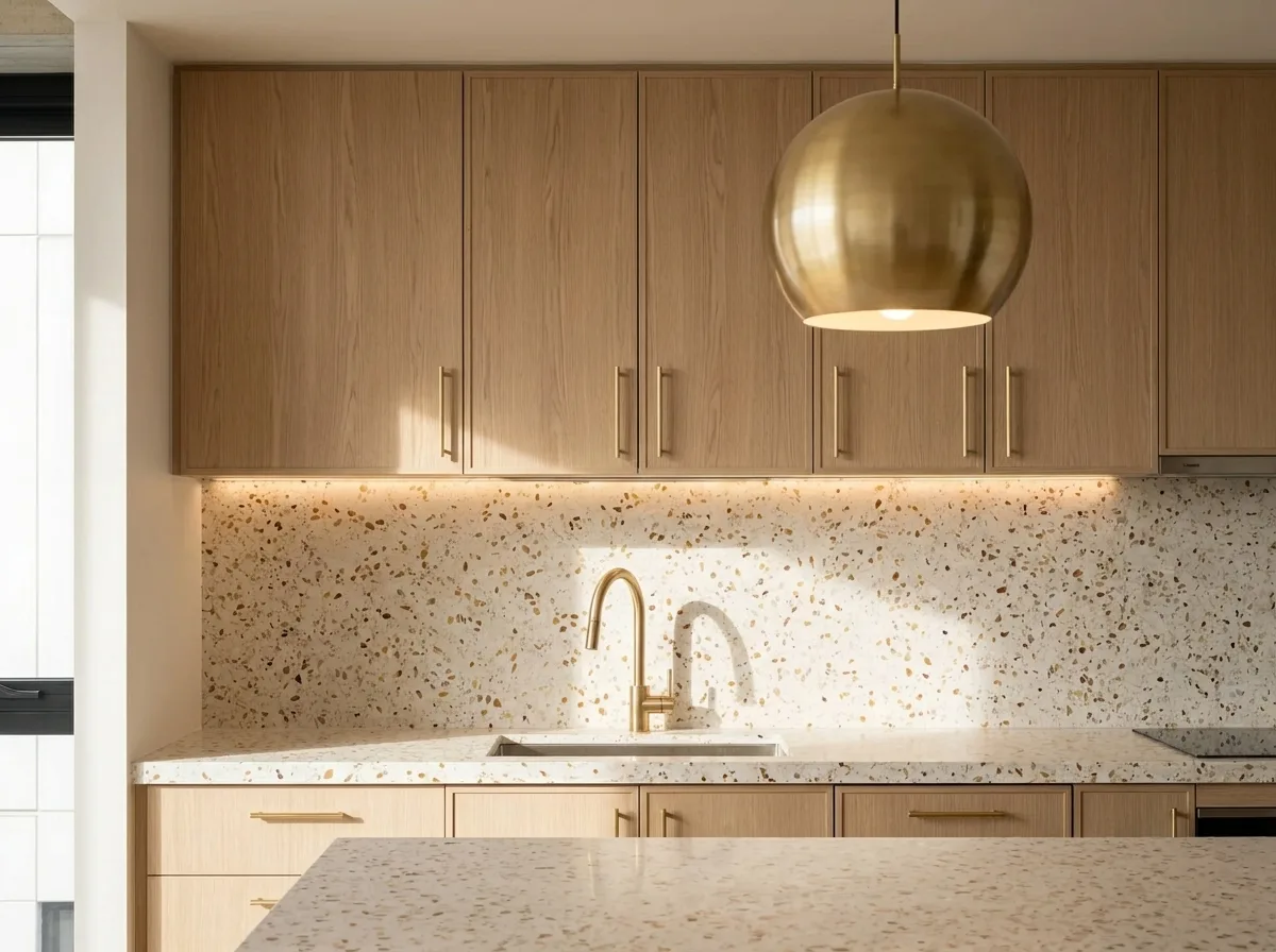 Pine kitchen white oak cabinetry and brass tap detail