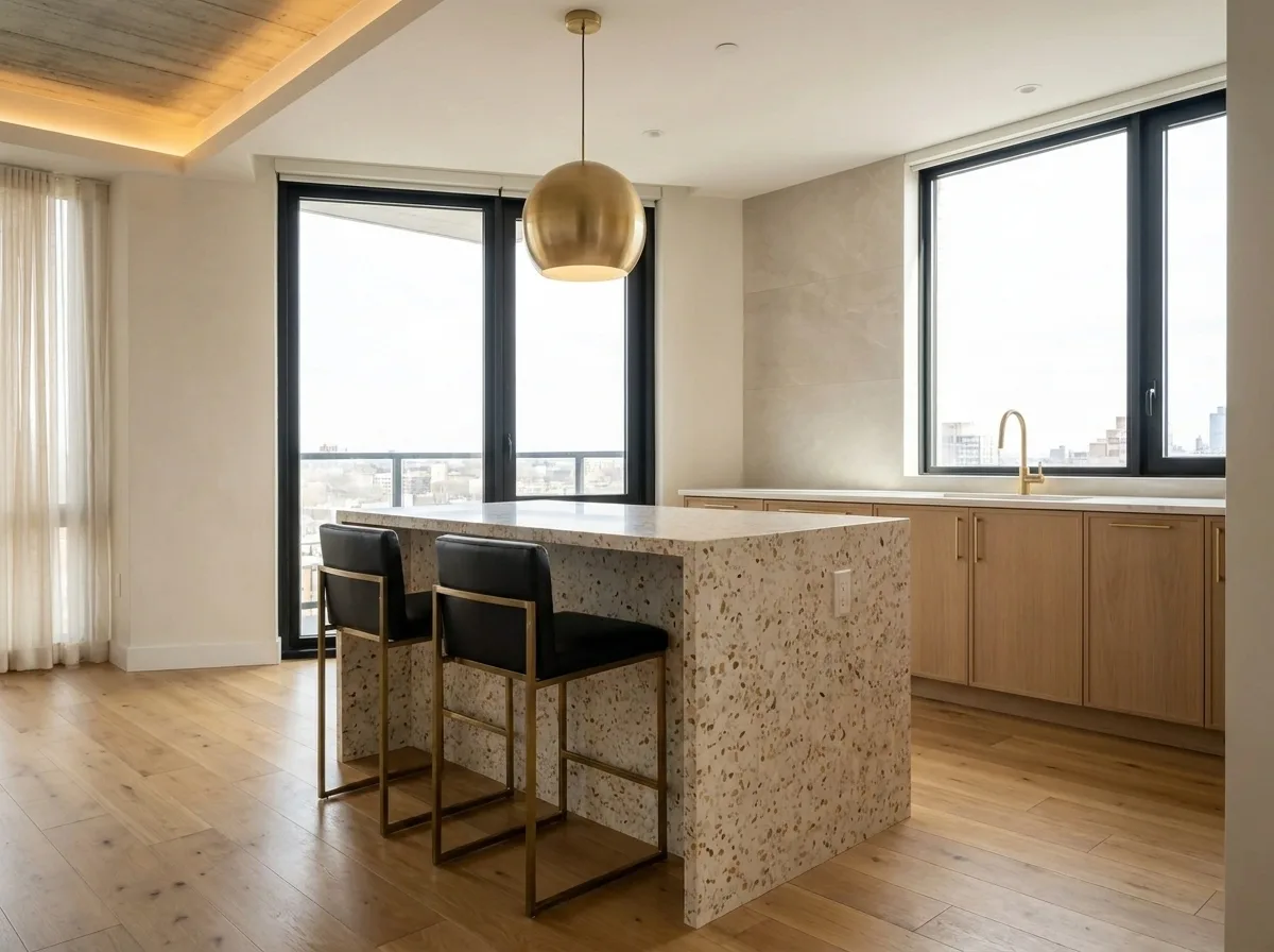 Pine kitchen terrazzo waterfall island and stools