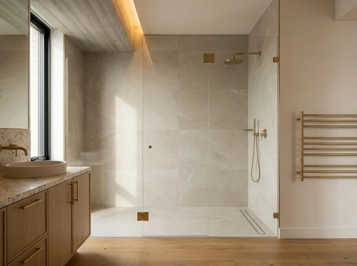 Pine primary bath walk-in shower detail