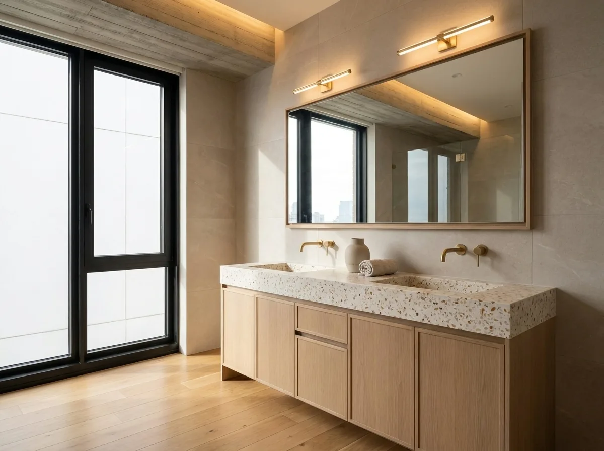Pine primary bath double vanity detail