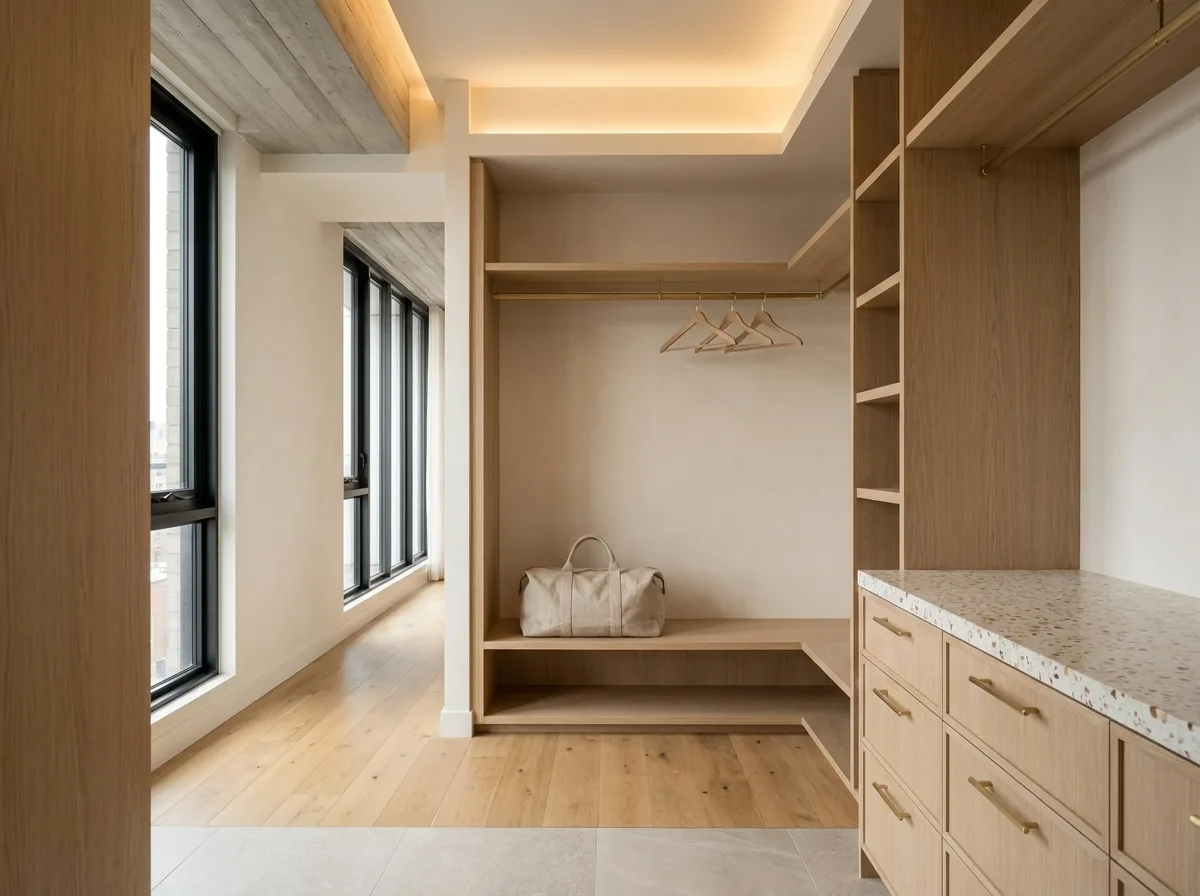 Pine primary bedroom walk-in closet detail