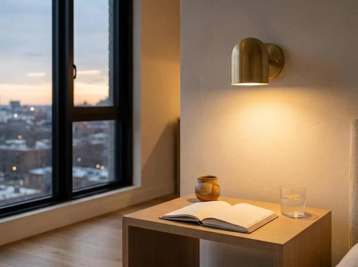 Pine primary bedroom brass sconce and side table detail