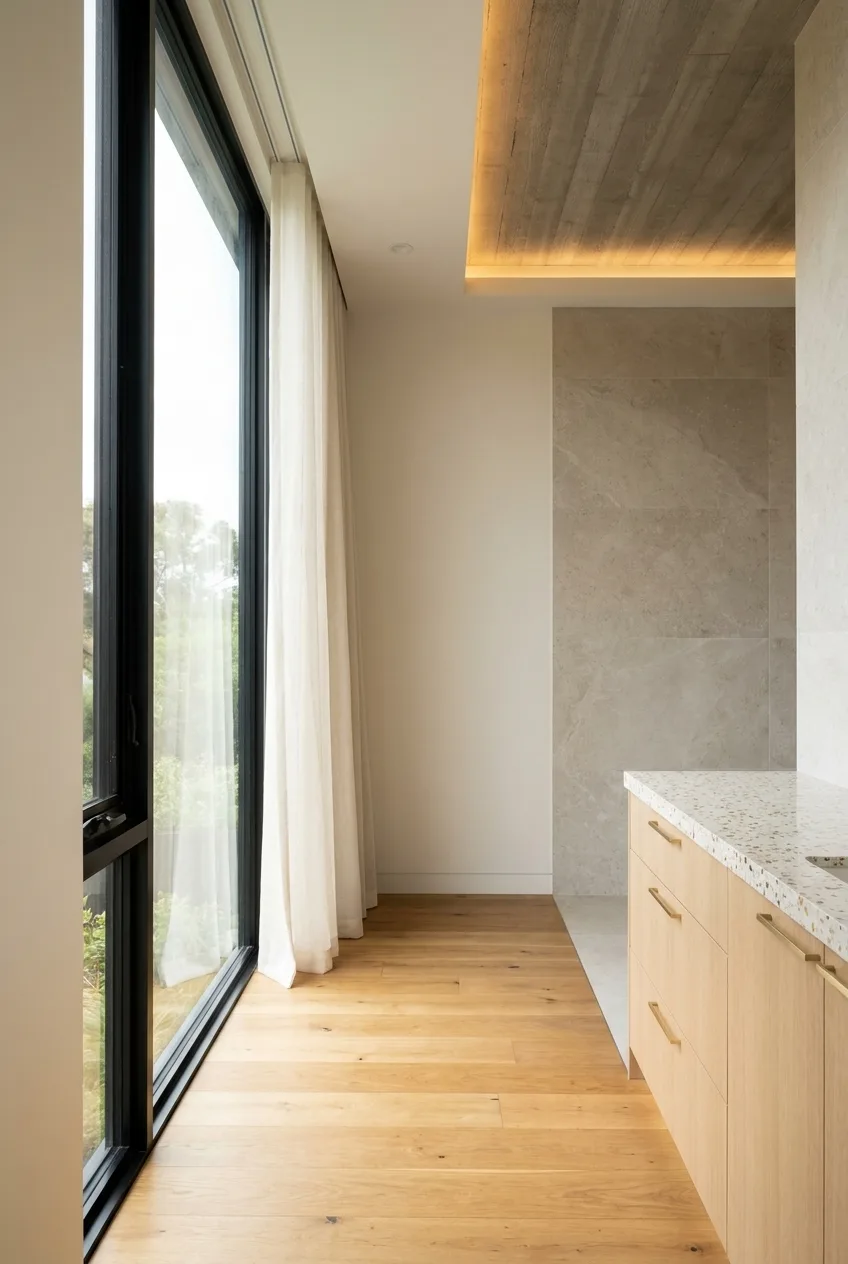 Pine primary bedroom window with sheer curtain