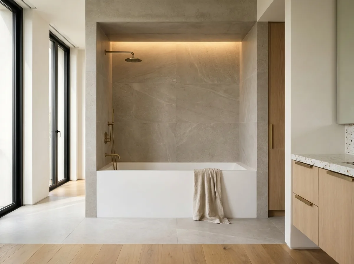Pine second bath alcove tub and shower detail