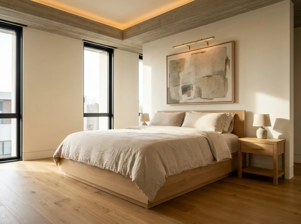 Pine second bedroom bed and picture light detail