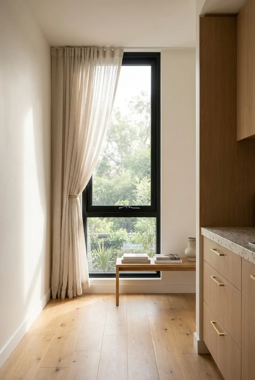 Pine second bedroom window with sheer curtain