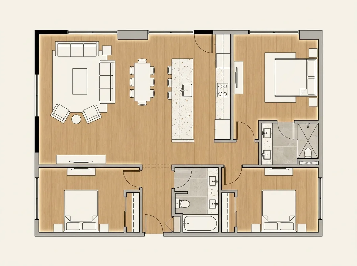 Top-down 2D floor plan diagram of the Pine apartment