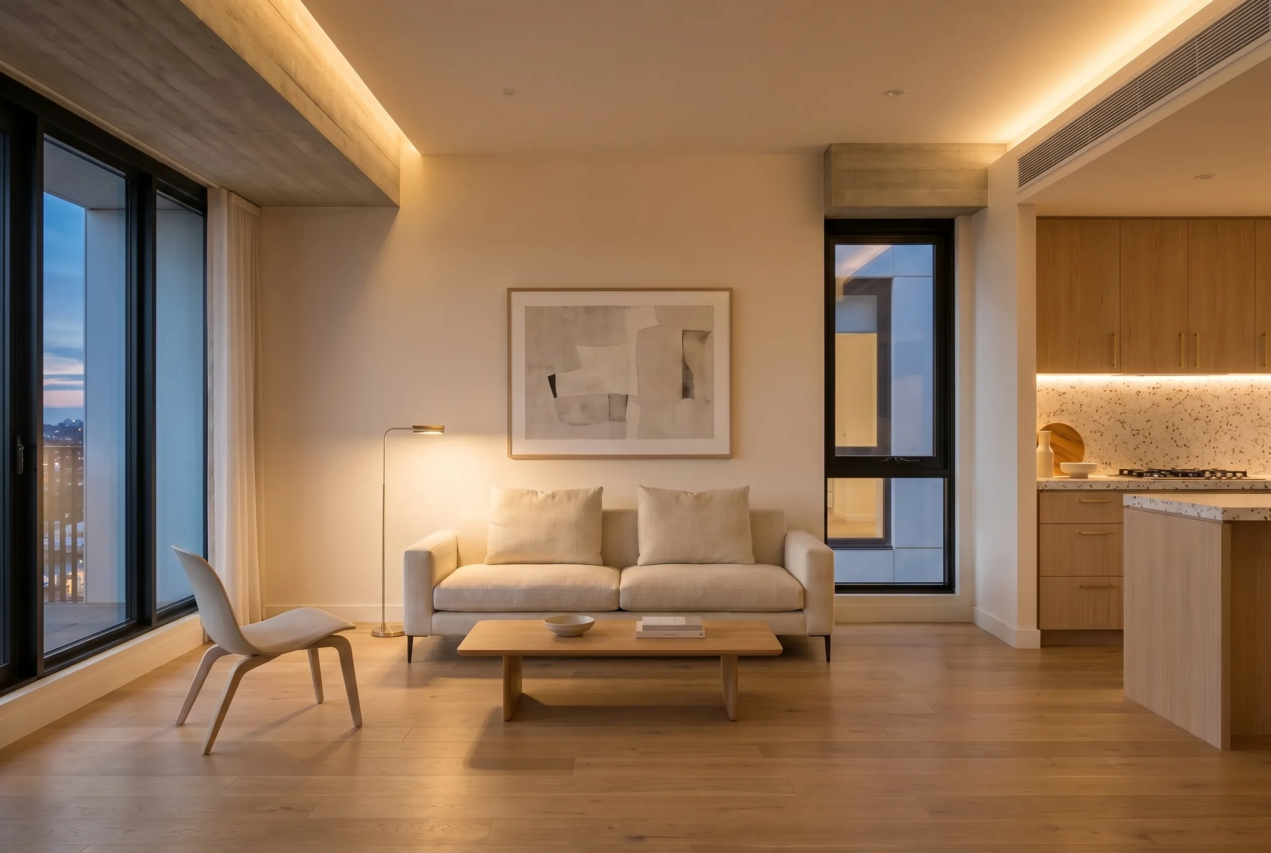 Pine living room at 7pm, warm interior lighting and dusk through the window