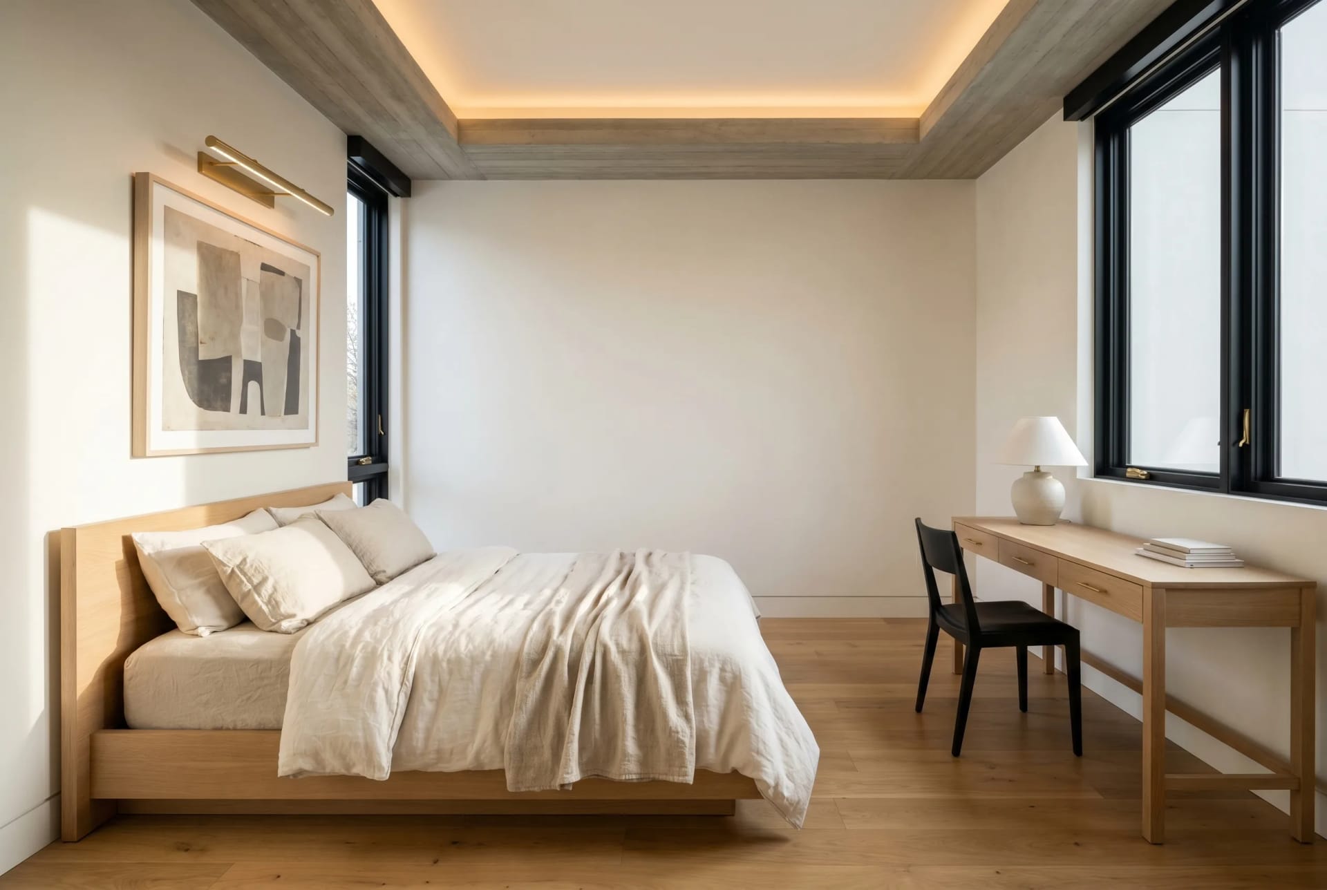 Pine second bedroom wide angle, set up as a flexible bedroom and office