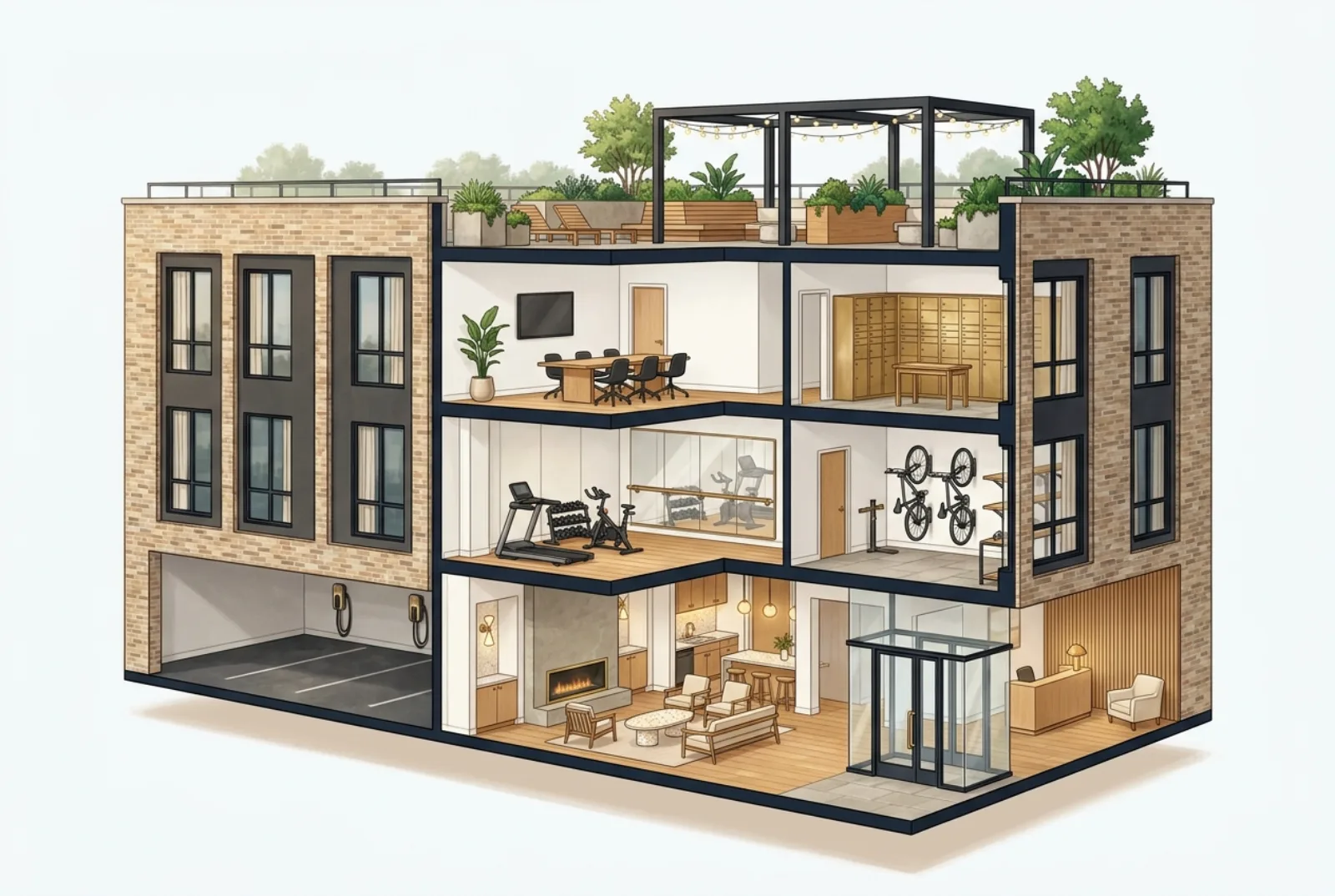 Isometric architectural cutaway of the Packard Row building with all eight amenity spaces visible