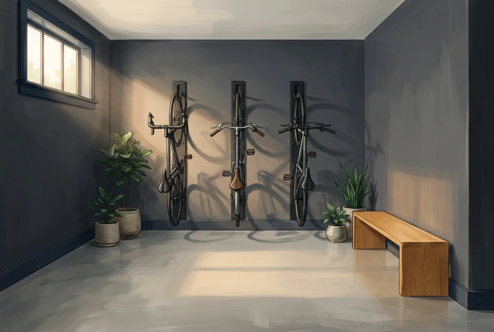 Bike storage room with wall-mounted vertical racks