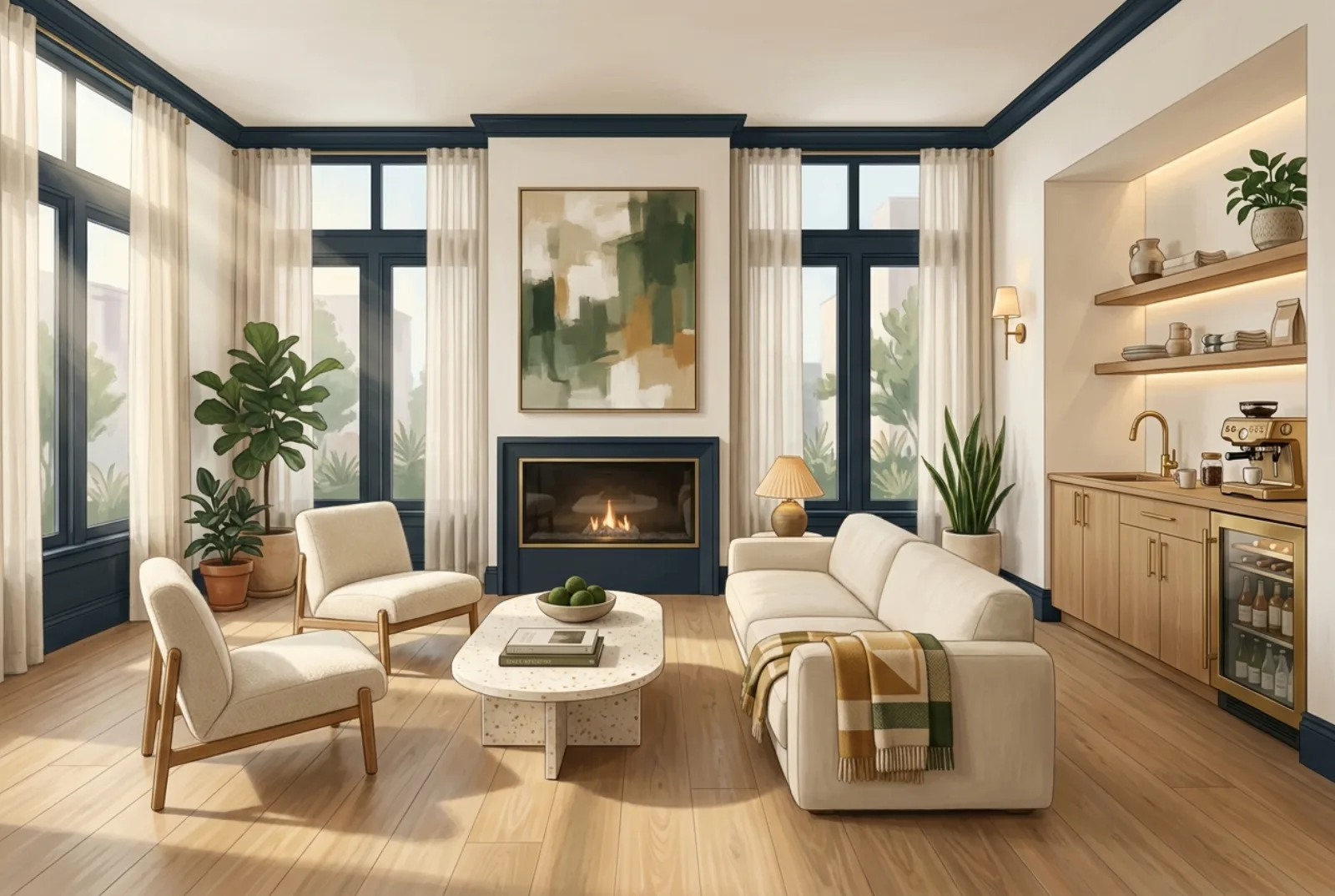 Clubhouse wide angle with fireplace and lounge seating in morning daylight