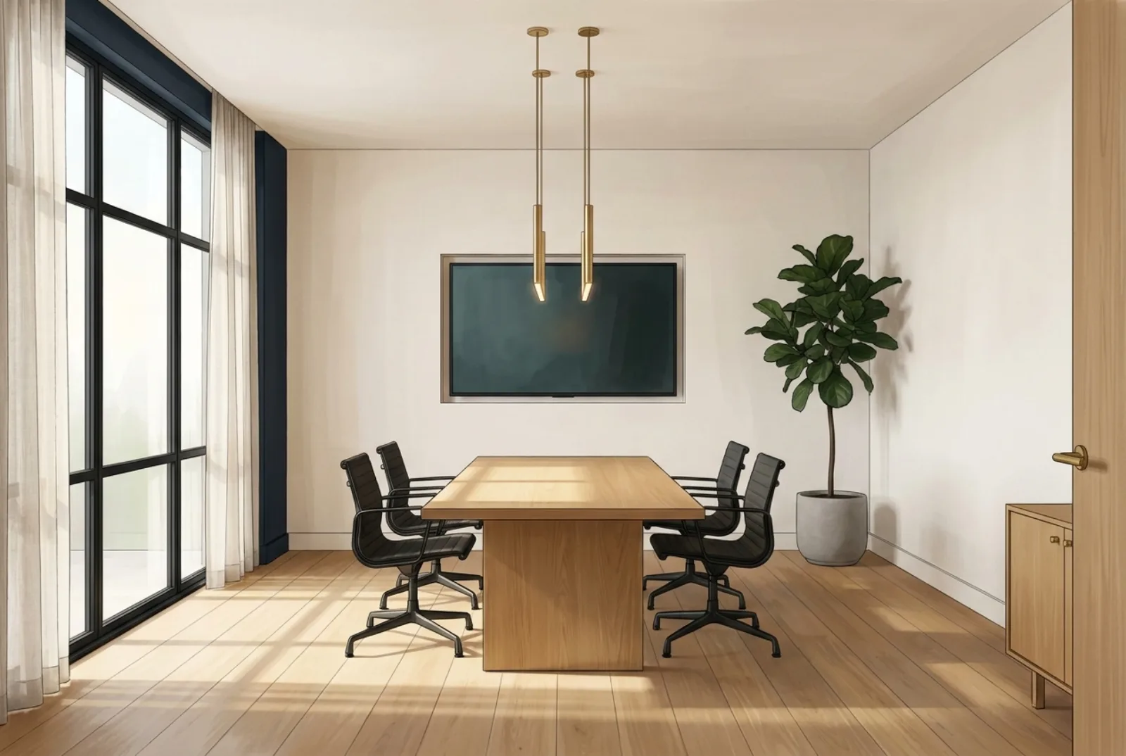 Conference room with oak long table, six chairs, wall-mounted screen