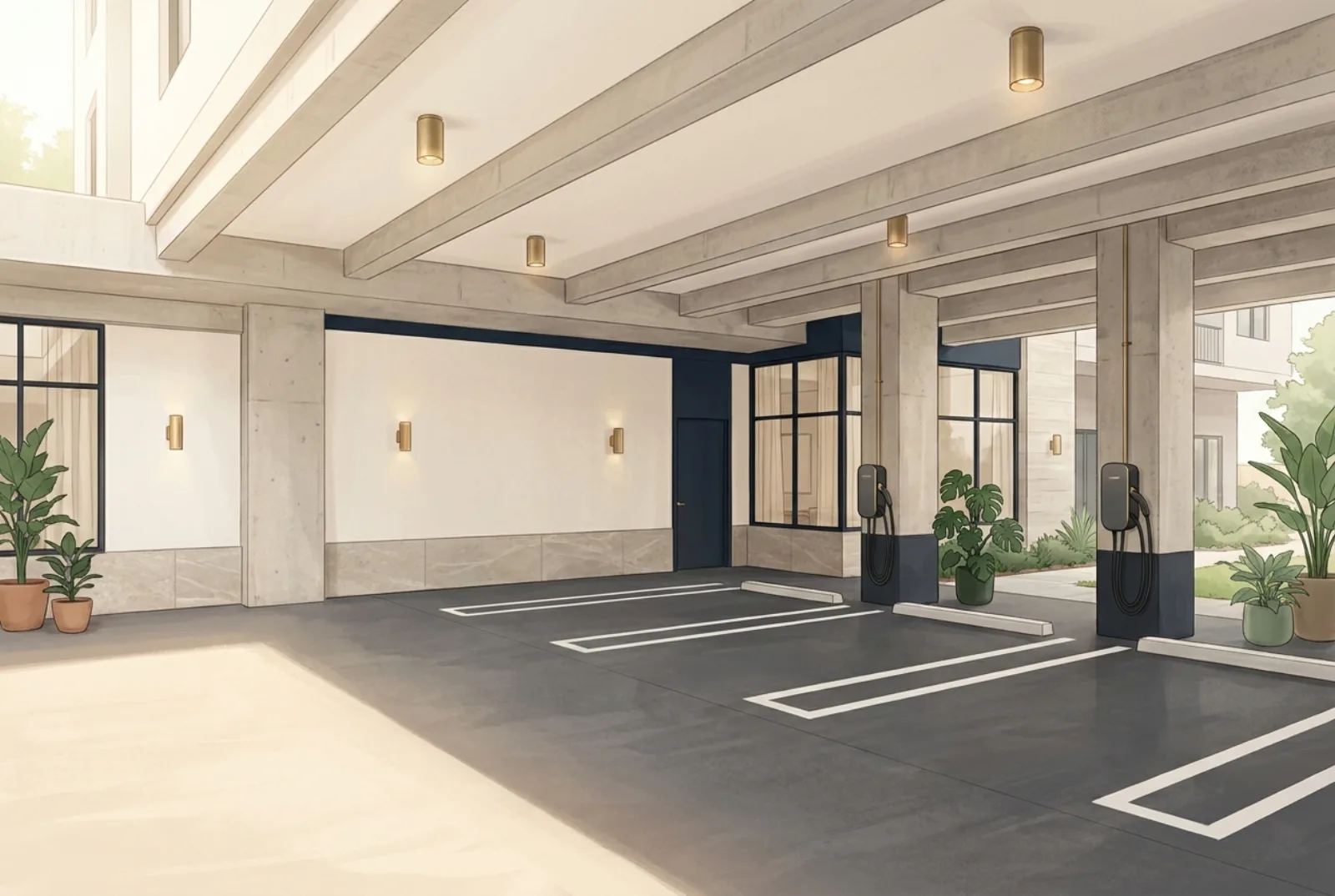 Covered EV charging garage with three Level 2 charging stalls