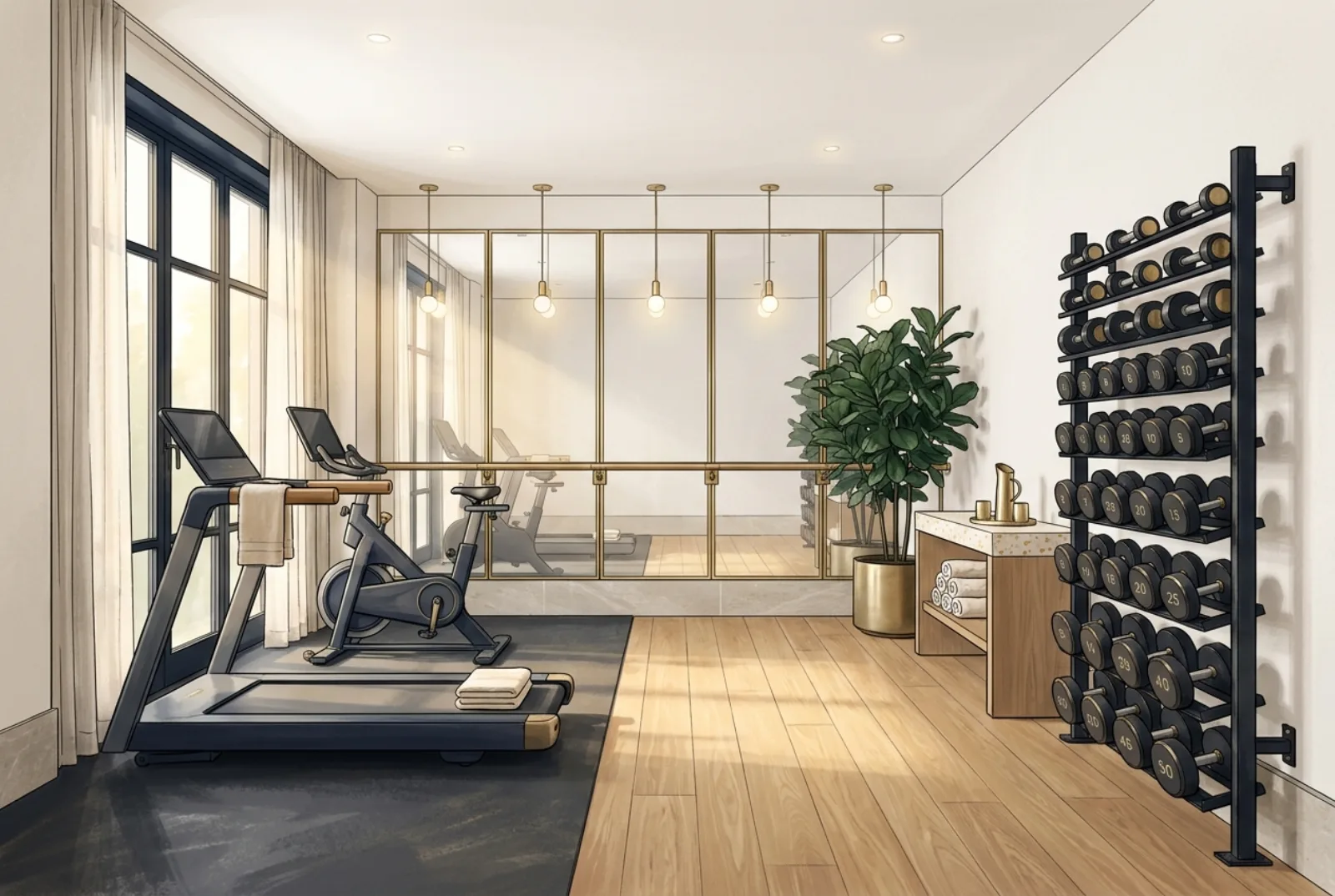 Fitness center wide angle with cardio, free weights, and mirrored wall