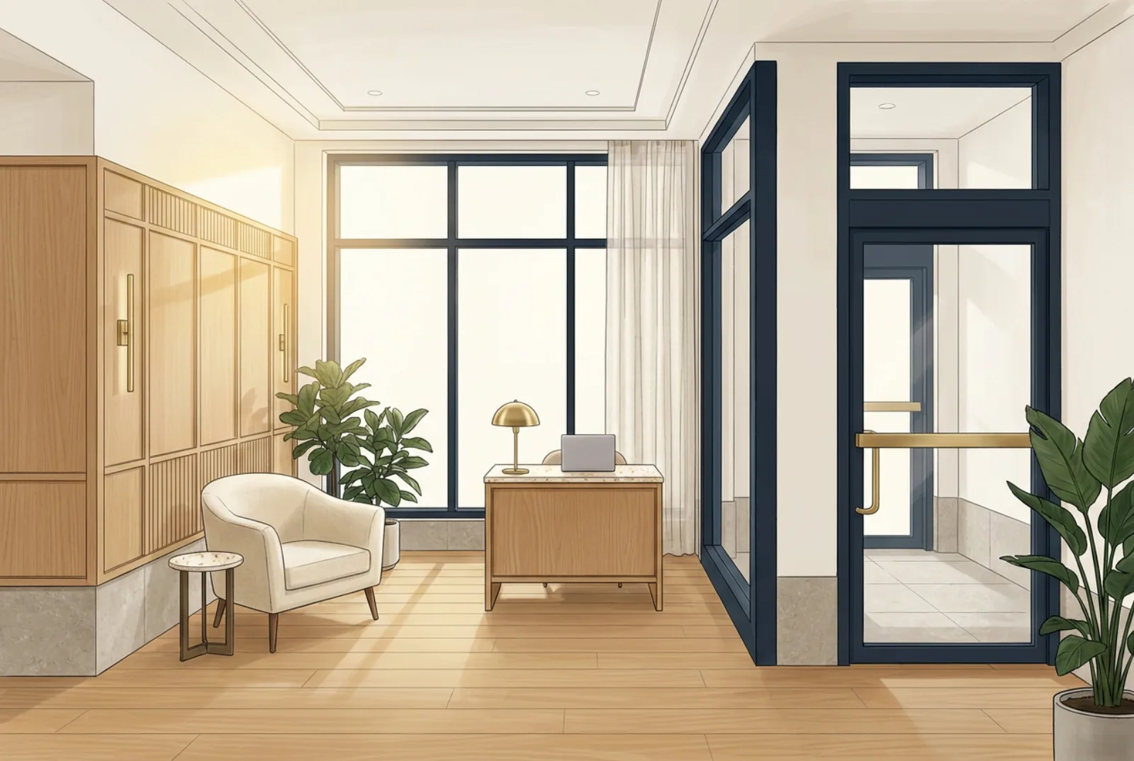Packard Row lobby with controlled-access glass vestibule and oak feature wall