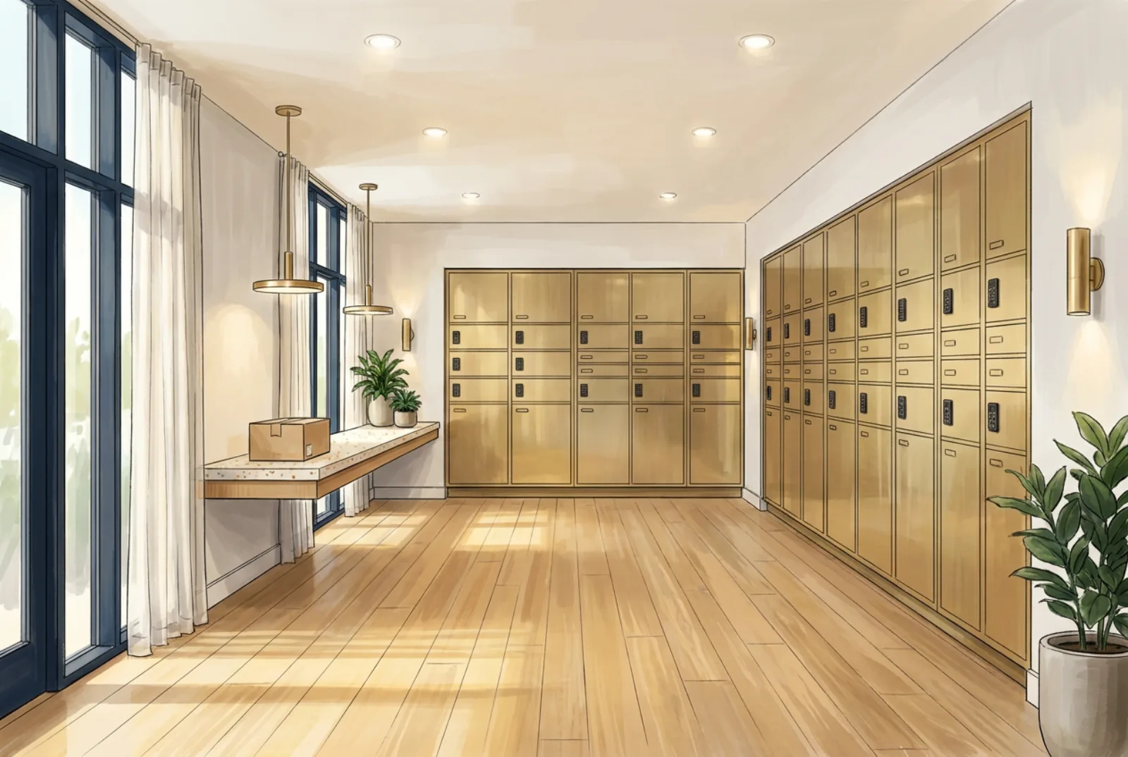 Mailroom with brushed-brass package locker wall