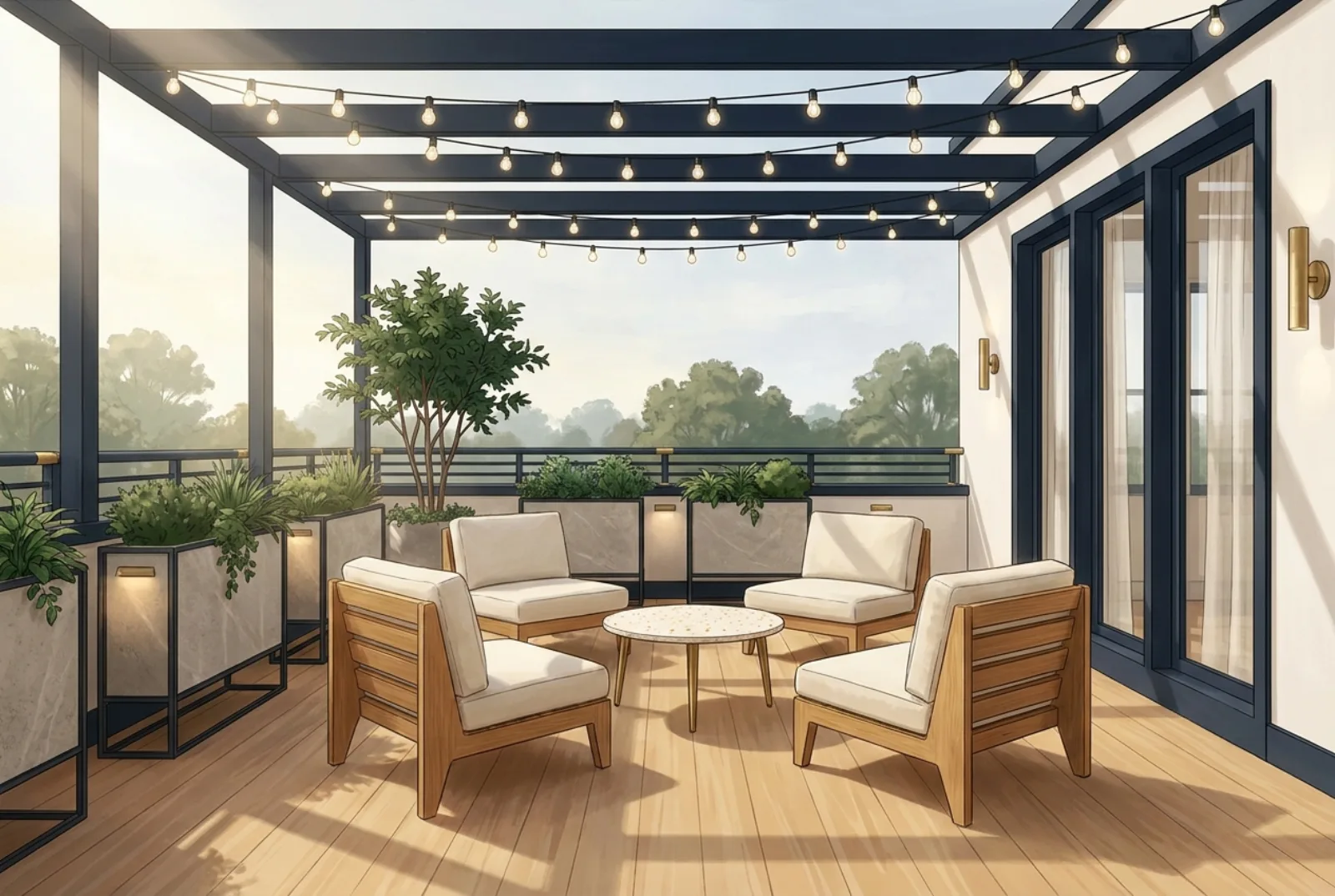 Rooftop deck wide angle with pergola, planters, and treetops