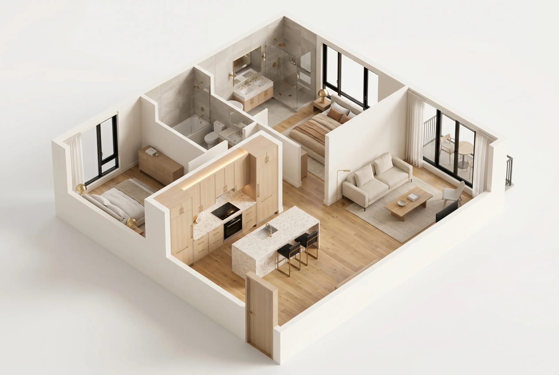 Isometric dollhouse cutaway of the Pine apartment showing all rooms